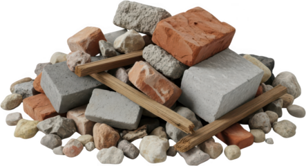 Pile of construction debris including red bricks grey concrete blocks and natural stones with wooden elements building materials demolition waste rubble rocks rough textured transparent background