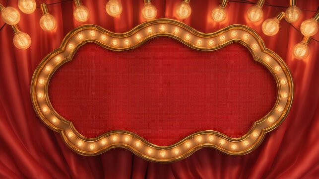 Vintage marquee sign on red stage curtain with lights.