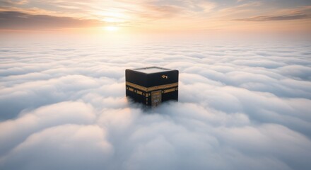 A beautiful winter sunset casts a blue glow over a cold park bench near the foggy lake and snowy beach landscape