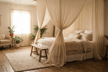 A bedroom with a canopy bed. The room is decorated with a neutral color scheme and includes a canopy bed, a bench at the foot of the bed, a rug, a chair, and plants.