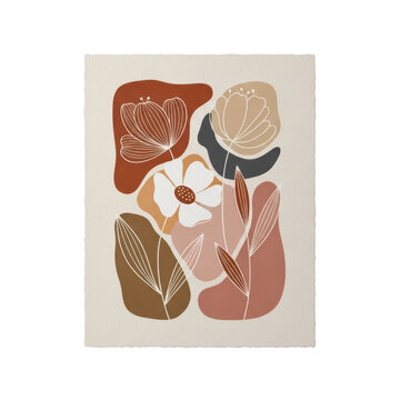 stylized abstract floral illustration with palpable texture, earthy terracotta and dusty rose colors, high-end boho flat lay on transparent background, concept of sophisticated minimalist design