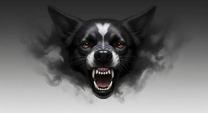 Fierce Black and White Dog with Open Mouth and Sharp Teeth, Threatening and Aggressive