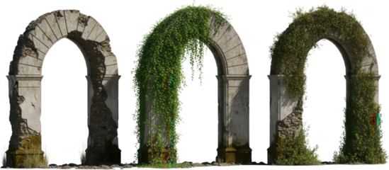 Three ancient stone archways one partially covered in lush green ivy and two weathered with moss showcasing weathered texture and ruinous beauty ancient archway stone structure transparent background
