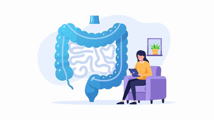 Fototapeta premium Woman with tablet near intestines illustration