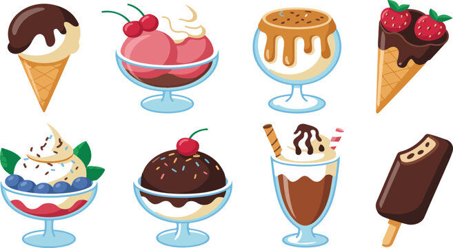 Colorful Ice Cream Vector Set &ndash; Cones, Sundaes, Popsicles, and Fruit Toppings