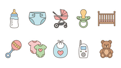 Baby care icons. Newborn accessories collection. Cute infant items. Nursery equipment. Bottle, diaper, stroller, pacifier, crib, rattle. Baby shower elements. Parenting vector.