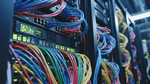 A close-up macro of colorful rubber bands and paper clips creates a vibrant business pattern around network cables connected to a computer in a modern office design