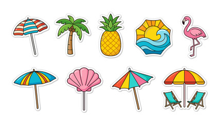 Naklejka premium Summer beach vacation vector icons set. Colorful umbrella parasol collection. Vibrant sticker style. Tropical holiday travel. Seaside resort. Cute cartoon badges. Sun protection. Fun