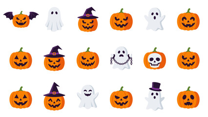 Halloween vector icons. Orange pumpkins with jack-o-lantern faces, witch hat, white spooky ghosts. Flat design collection for October holiday. Autumn symbols. Trick or treat.