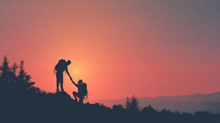 Fototapeta premium Silhouette of two hikers helping each other at sunset.
