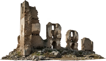 Ancient stone ruins of a weathered castle tower and surrounding structures under a bright sky showing weathered stone architecture old crumbling historic medieval damaged transparent background