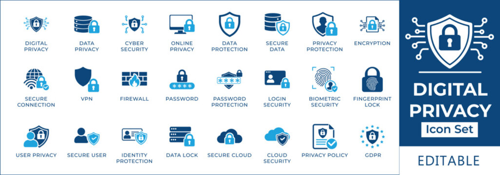 Digital privacy and online security icon set featuring data protection, VPN, GDPR compliance, biometric security, encryption, firewall, secure connection, and user privacy symbols.