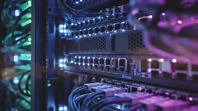 High-tech network infrastructure featuring glowing fiber optic cables and light spots integrated with a digital circuit mainboard, processor chip, and electronic hardware components for advanced engin