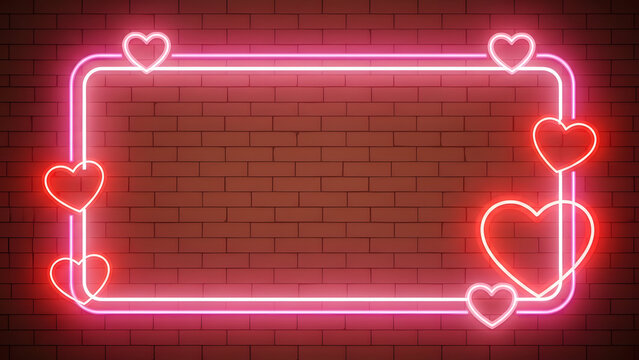 Neon heart frame on red brick wall for valentine day
