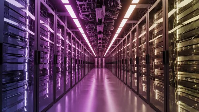 An empty corridor of server racks in a row stands within an industrial warehouse design featuring steel architecture and bright ceiling lights across the floor