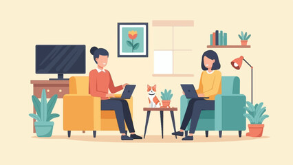 Two people working on laptops at home with a dog and plants