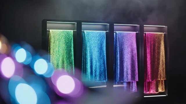 Vibrant spools of colorful cotton thread and light bulbs glow against a black background, creating a festive textile craft display for tailoring and embroidery