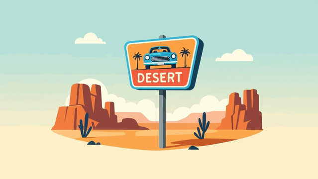 Vintage car parked in a desert landscape with a prominent sign