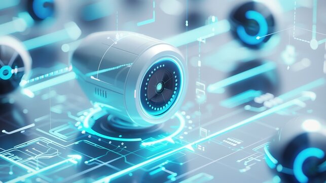 3D illustration of AI security camera, sleek futuristic design, floating digital interface elements around it, holographic motion detection zones, glowing blue neural network connections