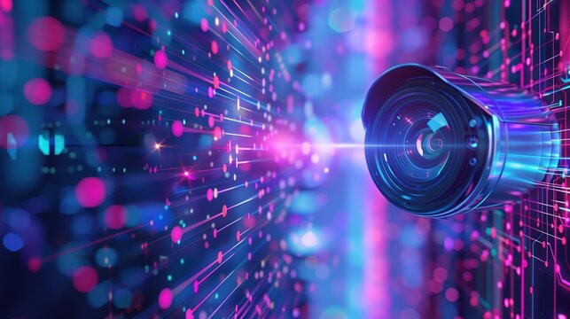 3D render of AI security camera with visible neural network layers emanating from lens, geometric data nodes, machine learning algorithm visualization, abstract tech background