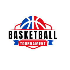 Dynamic basketball tournament badge featuring a red and blue ball icon with a bold ribbon banner. Ideal for American sports championships, local leagues, and varsity competitions.