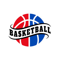 Timeless basketball logo design featuring a red and blue ball with a dynamic script banner. Perfect for American basketball camps, sports merchandise, and traditional club branding.