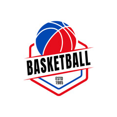 Professional basketball team emblem featuring a red blue ball on a hexagon shield. Perfect for US varsity sports, college leagues, and athletic branding with a classic vintage feel.