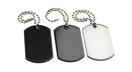 Fototapeta premium Set of Three Metallic Dog Tags with Black, Grey, and Silver Finishes, Product Shot isolated PNG with Transparent Background
