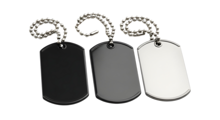 Set of Three Metallic Dog Tags with Black, Grey, and Silver Finishes, Product Shot isolated PNG with Transparent Background