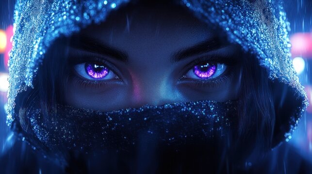Close-up of a woman with glowing eyes