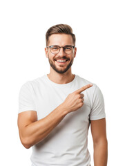 Obraz premium young caucasian man (28) in glasses and a crisp white t-shirt, smiling, pointing off-frame in a clinical, shadowless studio with extensive white copy space. concept for business advertising