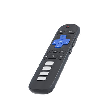 perspective of a sleek black remote control, highlighting blue directional buttons and side keys. perfect for tech product showcases and mockup.