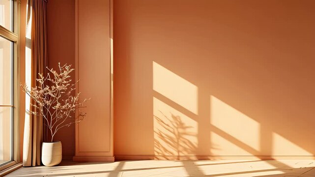 Empty room interior with plant shadow and light. Minimalist design for home staging or product display. Natural light effect.