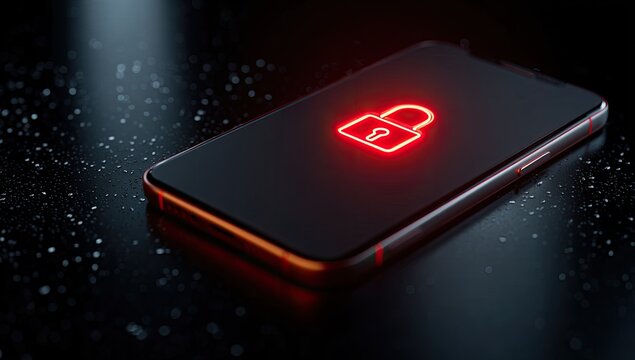 Glowing red padlock icon on a dark smartphone screen, representing digital security