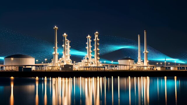 Futuristic petrochemical plant at night featuring glowing blue digital data waves flowing above water reflections, illustrating smart energy and industrial automation concepts