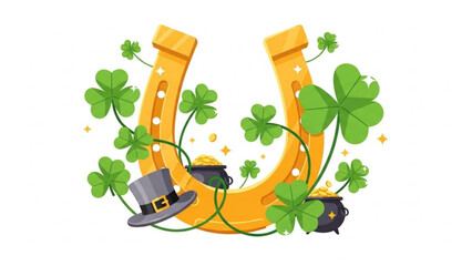 Fototapeta premium Golden horseshoe with shamrocks and pot of gold for st patrick's day luck