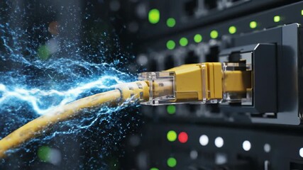 A professional laptop connects to a high-speed digital network using a secure ethernet cable and USB equipment to ensure seamless data communication and audio connectivity for business - Powered by Adobe