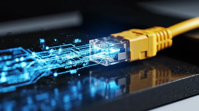 A macro view of a blue electronic circuit board reveals complex semiconductor hardware and microchip components integrated into a digital network