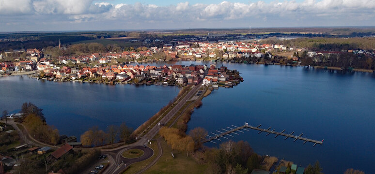 Wonderful views of Malchow in Mecklenburg with a beautiful church and cityscape seen from a drone.