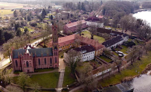 Wonderful views of Malchow in Mecklenburg with a beautiful church and cityscape seen from a drone.