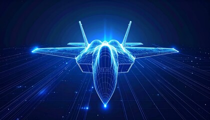 Dynamic futuristic fighter jet rendered in glowing blue digital wireframe design soaring through the night sky with speed lines digital