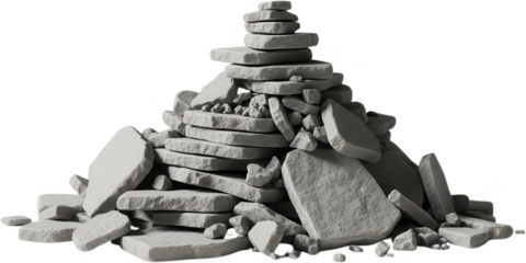 A meticulously stacked cairn of rough flat light grey stones and pebbles forms a balanced pyramid shape conveying a sense of stability and natural harmony rock heap pile textured PNG background
