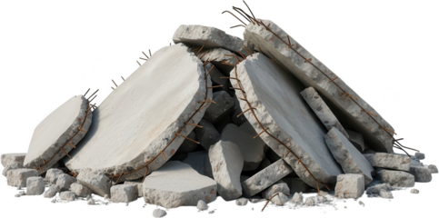 Heap of broken concrete slabs with exposed rebar reinforcement bars appearing as construction debris and rubble demolition material destruction damage ruin pile steel industrial transparent background