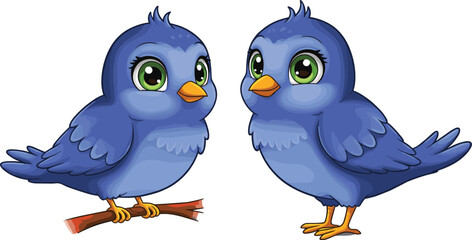 Cute blue cartoon birds with big eyes, sweet characters for kids illustrations, stickers, nursery art, games, branding, mascots and playful design projects