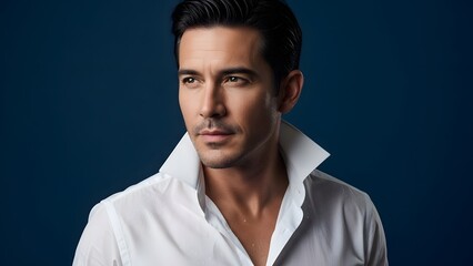 Obraz premium A handsome man in a white shirt against a dark blue background