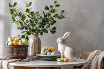 Easter celebration table arrangement with painted eggs a ceramic bunny and green foliage in a neutral toned setting