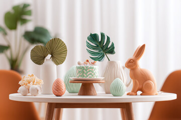 Elegant Easter table setting with cake bunny and decorative eggs