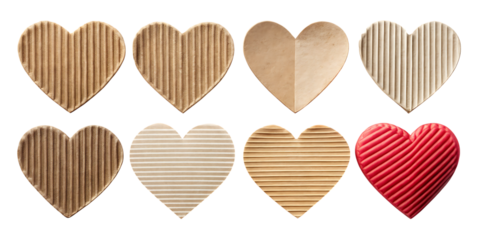 Hearts made from cardboard and one red heart on black background