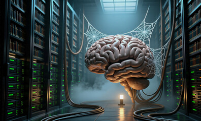 A giant human brain hangs in a dark server room filled with data racks and old bookshelves, connected by cables, and entangled in spiderwebs, representing complex artificial intelligence.