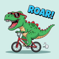 Cool TRex dinosaur riding a bicycle with sunglasses and roaring. © NFS Studio